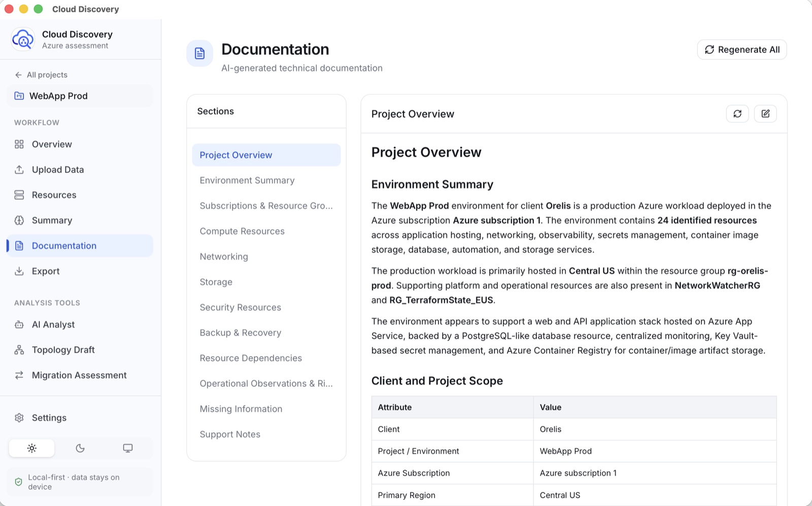 Editable technical documentation generated from the scanned tenant