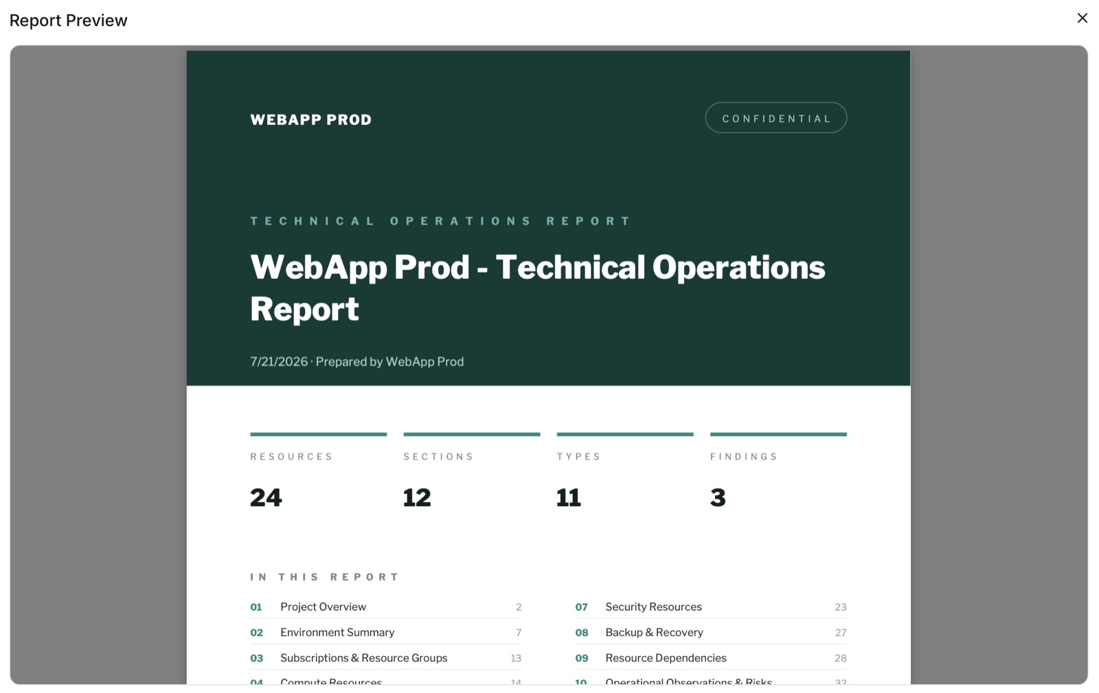Branded technical operations PDF report preview